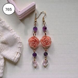 Rose Flower Fluorite Dangle Earrings – Handmade Purple Gemstone Jewelry